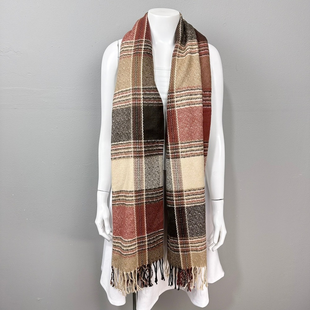 Plaid Scarf Neckwarmer OS Beige Brown Fall Fringe Cozy Fuzzy Soft Long Rectangle - Picture 2 of 6
